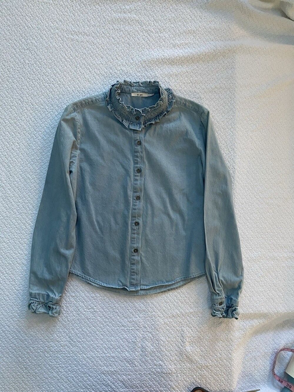 Mi Ami XS Light Wash Denim Ruffle High Neck Blouse Victorian Western Cottagecore